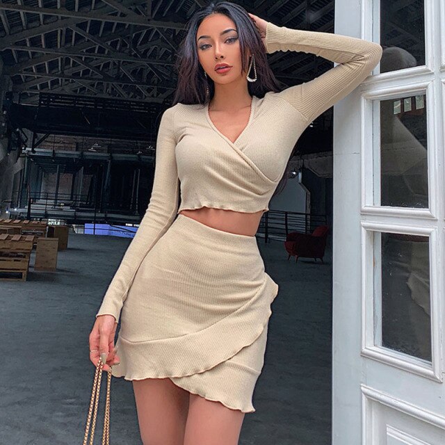 2021 Summer New Slim Lotus Leaf Cardigan Long-Sleeved Tight-Fitting Hip Two-Piece Suit