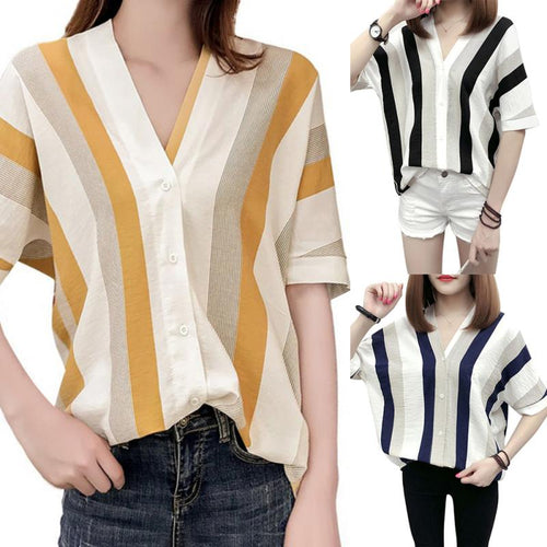 2021 Summer New Style Plus-sized Loose-Fit Fashion V-neck Striped Blouse Shirt Women's Short Sleeved BF Casual Korean-Style Top