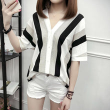 Load image into Gallery viewer, 2021 Summer New Style Plus-sized Loose-Fit Fashion V-neck Striped Blouse Shirt Women&#39;s Short Sleeved BF Casual Korean-Style Top