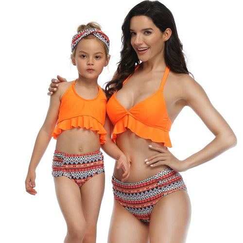2021 Summer New Style  Retro Parent-Child Ruffled Swimsuit Two-Piece Bikini Suit