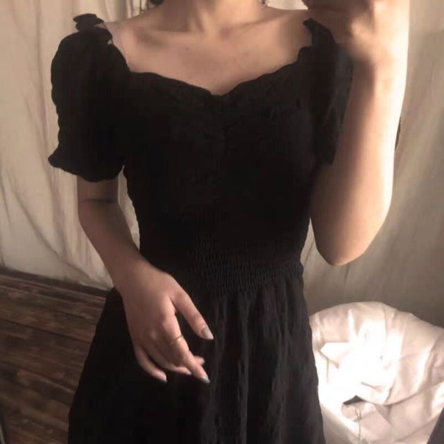 2021 Summer New Style Retro Platycodon French Red Square Collar Dress Temperament Long Skirt Women's Clothing