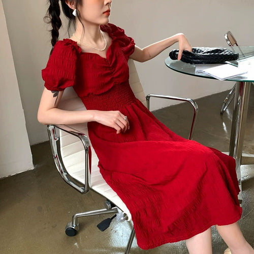 2021 Summer New Style Retro Platycodon French Red Square Collar Dress Temperament Long Skirt Women's Clothing