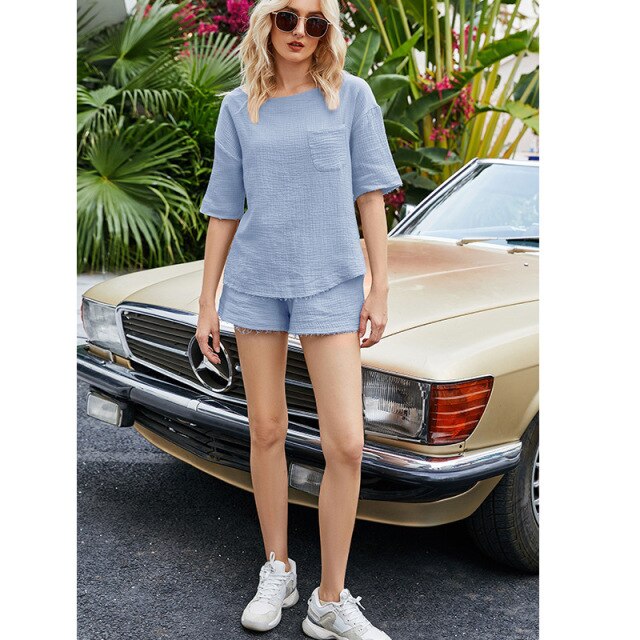 2021 Summer New Style Solid Color Cotton And Linen Round Neck Drop Shoulder Sleeve Fashion Casual Sports Two-Piece Suit
