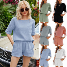 Load image into Gallery viewer, 2021 Summer New Style Solid Color Cotton And Linen Round Neck Drop Shoulder Sleeve Fashion Casual Sports Two-Piece Suit