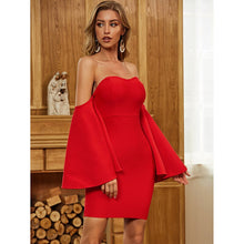 Load image into Gallery viewer, 2021 Summer New Style Women&#39;s Clothing Silk High Stretch Sexy Flare Sleeve Low-Cut Open Back Solid Color Bandage Dress