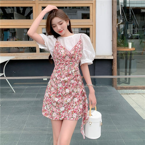 2021 Summer New Sweet Women Sets V-neck Puff Sleeve Lace Shirt + Irregular Sling Floral Dress Female Elegant Two-piece Suits