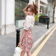 Load image into Gallery viewer, 2021 Summer New Sweet Women Sets V-neck Puff Sleeve Lace Shirt + Irregular Sling Floral Dress Female Elegant Two-piece Suits