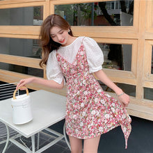 Load image into Gallery viewer, 2021 Summer New Sweet Women Sets V-neck Puff Sleeve Lace Shirt + Irregular Sling Floral Dress Female Elegant Two-piece Suits
