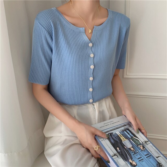 2021 Summer New Trendy Korean Style Chic Top Summer Design Knitted Short-Sleeved T-shirt Bottoming Shirt For Women Plus Size