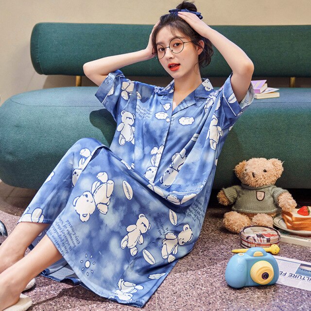2021 Summer New Women Short-sleeved Silk Cardigan Pajamas Students' Cute Cartoon Long Nightdress HomeWear Can Be Worn Outside