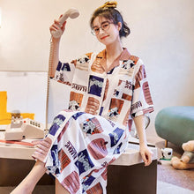Load image into Gallery viewer, 2021 Summer New Women Short-sleeved Silk Cardigan Pajamas Students&#39; Cute Cartoon Long Nightdress HomeWear Can Be Worn Outside