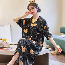 Load image into Gallery viewer, 2021 Summer New Women Short-sleeved Silk Cardigan Pajamas Students&#39; Cute Cartoon Long Nightdress HomeWear Can Be Worn Outside
