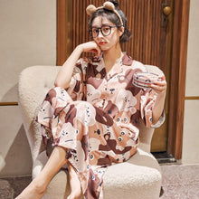 Load image into Gallery viewer, 2021 Summer New Women Short-sleeved Silk Cardigan Pajamas Students&#39; Cute Cartoon Long Nightdress HomeWear Can Be Worn Outside