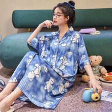 Load image into Gallery viewer, 2021 Summer New Women Short-sleeved Silk Cardigan Pajamas Students&#39; Cute Cartoon Long Nightdress HomeWear Can Be Worn Outside