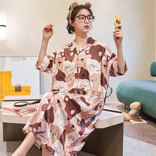 Load image into Gallery viewer, 2021 Summer New Women Short-sleeved Silk Cardigan Pajamas Students&#39; Cute Cartoon Long Nightdress HomeWear Can Be Worn Outside