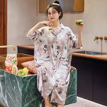Load image into Gallery viewer, 2021 Summer New Women Short-sleeved Silk Cardigan Pajamas Students&#39; Cute Cartoon Long Nightdress HomeWear Can Be Worn Outside