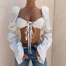 Load image into Gallery viewer, 2021 Summer New Women Top Sexy Fashion Solid Flare Sleeve Bandage Shirring Crop Tops Short Square Collar Black White