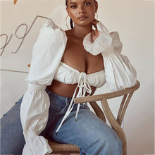 Load image into Gallery viewer, 2021 Summer New Women Top Sexy Fashion Solid Flare Sleeve Bandage Shirring Crop Tops Short Square Collar Black White