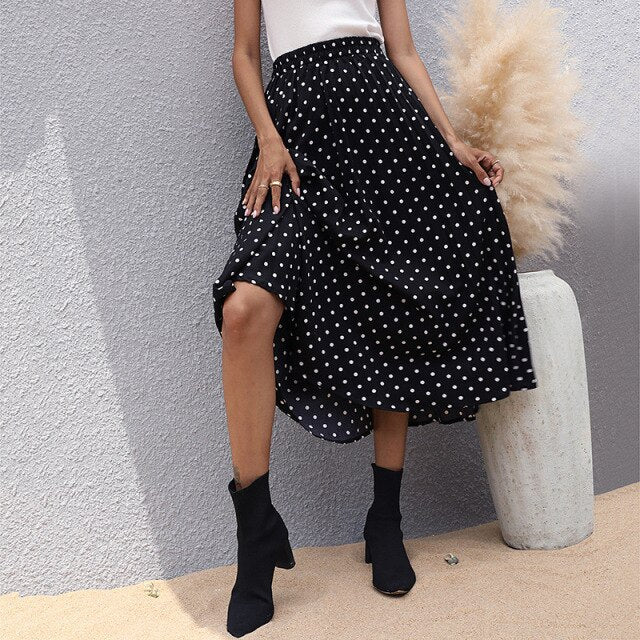 2021 Summer New Women's Black Slim Mid-Length Pleated Polka-Dot Skirt