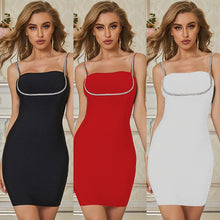 Load image into Gallery viewer, 2021 Summer New Women&#39;s Clothes Silk High Elasticity Diamond-Studded Sling Low-Cut Open Back Solid Color Bandage Dress