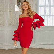 Load image into Gallery viewer, 2021 Summer New Women&#39;s Clothing High Stretch Sexy Off-Shoulder Low-Cut Puffy Long-Sleeved Solid Color Bandage Dress