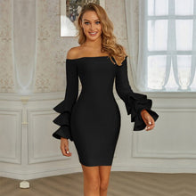 Load image into Gallery viewer, 2021 Summer New Women&#39;s Clothing High Stretch Sexy Off-Shoulder Low-Cut Puffy Long-Sleeved Solid Color Bandage Dress