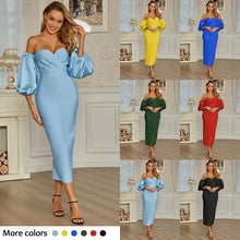 Load image into Gallery viewer, 2021 Summer New Women&#39;s Clothing Silk High Stretch Sexy Puff Sleeve Low-Cut Backless Solid Color Bandage Dress