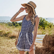 Load image into Gallery viewer, 2021 Summer New Women&#39;s Fashin Casual Print V Neck Spaghetti Straps Sleeveless Backless Lace Up Tunic Playsuit Ladies Slim Basic