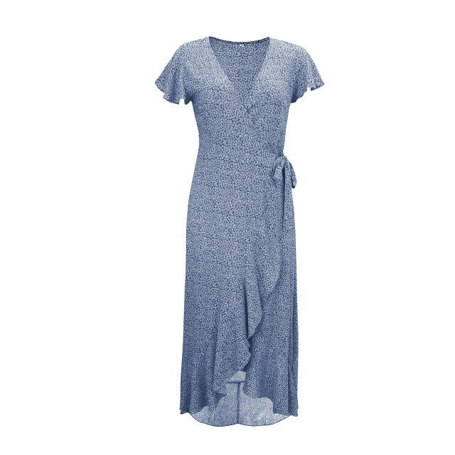 2021 Summer New Women's Fashion Casual Floral Print Deep V Neck Short Sleeve Loose Waist Lace Up Ankle Lenght Dress Ladies Slim