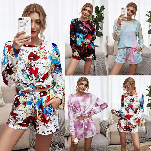 2021 Summer New Women's Fashion Casual O Neck Tie Dye Long Sleeve Drawsting Elastic Pockets Waist Short Pant Skinny Ladies Basic