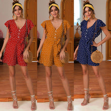 Load image into Gallery viewer, 2021 Summer New Women&#39;s Fashion Casual Polka Dot Deep V Neck Ruffles Buttons Sleeveless Empire Lace Up Playsuits Ladies Skinny