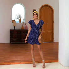 Load image into Gallery viewer, 2021 Summer New Women&#39;s Fashion Casual Polka Dot Deep V Neck Ruffles Buttons Sleeveless Empire Lace Up Playsuits Ladies Skinny
