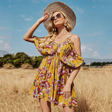 Load image into Gallery viewer, 2021 Summer New Women&#39;s Fashion Casual Print Deep V Neck Spaghetti Straps Backless Ruffles Elastic Waist Mini Dress Ladies Basic