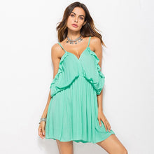 Load image into Gallery viewer, 2021 Summer New Women&#39;s Fashion Casual Print Deep V Neck Spaghetti Straps Backless Ruffles Elastic Waist Mini Dress Ladies Basic