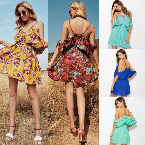 2021 Summer New Women's Fashion Casual Print Deep V Neck Spaghetti Straps Backless Ruffles Elastic Waist Mini Dress Ladies Basic
