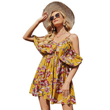 Load image into Gallery viewer, 2021 Summer New Women&#39;s Fashion Casual Print Deep V Neck Spaghetti Straps Backless Ruffles Elastic Waist Mini Dress Ladies Basic