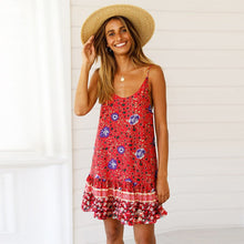 Load image into Gallery viewer, 2021 Summer New Women&#39;s Fashion Casual Print Deep V Neck Spaghetti Straps Sleeveless Backless Loose Waist A Line Mini Dress Lady