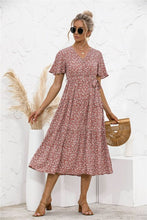 Load image into Gallery viewer, 2021 Summer New Women&#39;s Fashion Casual Print V Neck Flare Short Sleeve Loose Empire Lace Up A Line Mid Calf Dress Ladies Basic