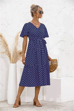 Load image into Gallery viewer, 2021 Summer New Women&#39;s Fashion Casual Print V Neck Flare Short Sleeve Loose Empire Lace Up A Line Mid Calf Dress Ladies Basic