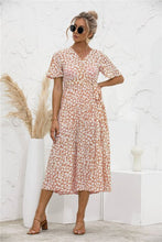 Load image into Gallery viewer, 2021 Summer New Women&#39;s Fashion Casual Print V Neck Flare Short Sleeve Loose Empire Lace Up A Line Mid Calf Dress Ladies Basic