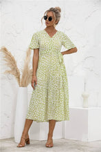 Load image into Gallery viewer, 2021 Summer New Women&#39;s Fashion Casual Print V Neck Flare Short Sleeve Loose Empire Lace Up A Line Mid Calf Dress Ladies Basic