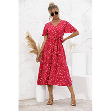 Load image into Gallery viewer, 2021 Summer New Women&#39;s Fashion Casual Print V Neck Flare Short Sleeve Loose Empire Lace Up A Line Mid Calf Dress Ladies Basic