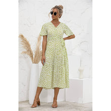 Load image into Gallery viewer, 2021 Summer New Women&#39;s Fashion Casual Print V Neck Flare Short Sleeve Loose Empire Lace Up A Line Mid Calf Dress Ladies Basic