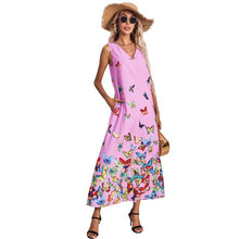 Load image into Gallery viewer, 2021 Summer New Women&#39;s Fashion Casual Print V Neck Spaghetti Strap Sleeveless Elastic Waist Ankle Lenght Dress Lady Loose Basic