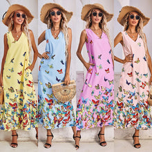 Load image into Gallery viewer, 2021 Summer New Women&#39;s Fashion Casual Print V Neck Spaghetti Strap Sleeveless Elastic Waist Ankle Lenght Dress Lady Loose Basic