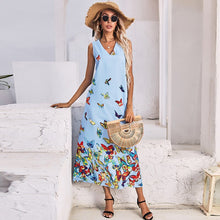Load image into Gallery viewer, 2021 Summer New Women&#39;s Fashion Casual Print V Neck Spaghetti Strap Sleeveless Elastic Waist Ankle Lenght Dress Lady Loose Basic