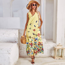 Load image into Gallery viewer, 2021 Summer New Women&#39;s Fashion Casual Print V Neck Spaghetti Strap Sleeveless Elastic Waist Ankle Lenght Dress Lady Loose Basic