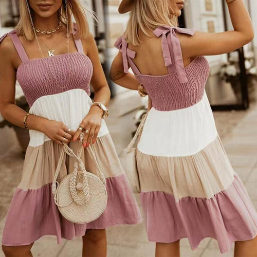 2021 Summer New Women's Fashion Casual Slash Neck Spaghetti Straps Bow Sleeveless Backless Patchwork Knee Lenght Dress Lady Slim