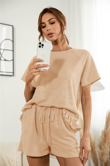 2021 Summer New Women's Fashion Casual Solid O Neck Short Sleeve Elastic Waist Drawsting Ruffles Pockets Short Pants Lady Loose