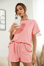 Load image into Gallery viewer, 2021 Summer New Women&#39;s Fashion Casual Solid O Neck Short Sleeve Elastic Waist Drawsting Ruffles Pockets Short Pants Lady Loose